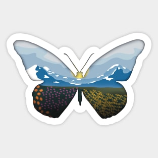 Minimalistic Paper Craft Digital Art - Mountain landscape Butterfly Sticker